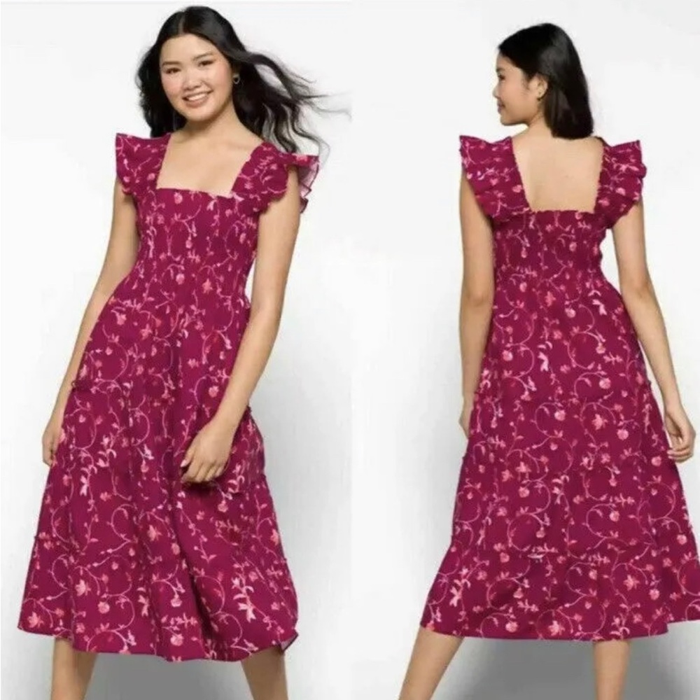 SOLD Hill House Home Ellie Nap Dress Smocked Midi Burgundy Botanical Size XS NWT